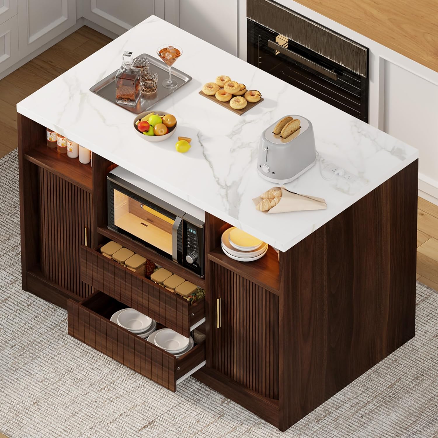 Kitchen Island with Storage, Island Table for Kitchen with Power Outlet & LED Light, Rolling Buffet Cabinet with Fluted Sliding Door, 2 Drawers, Large Countertop, Walnut - Image 2