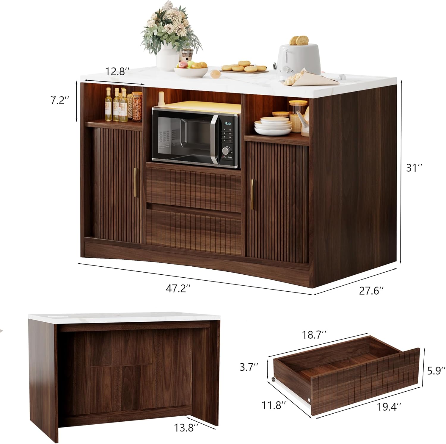 Kitchen Island with Storage, Island Table for Kitchen with Power Outlet & LED Light, Rolling Buffet Cabinet with Fluted Sliding Door, 2 Drawers, Large Countertop, Walnut - Image 3