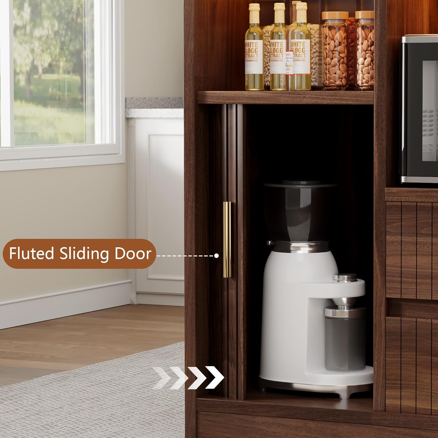 Kitchen Island with Storage, Island Table for Kitchen with Power Outlet & LED Light, Rolling Buffet Cabinet with Fluted Sliding Door, 2 Drawers, Large Countertop, Walnut - Image 4