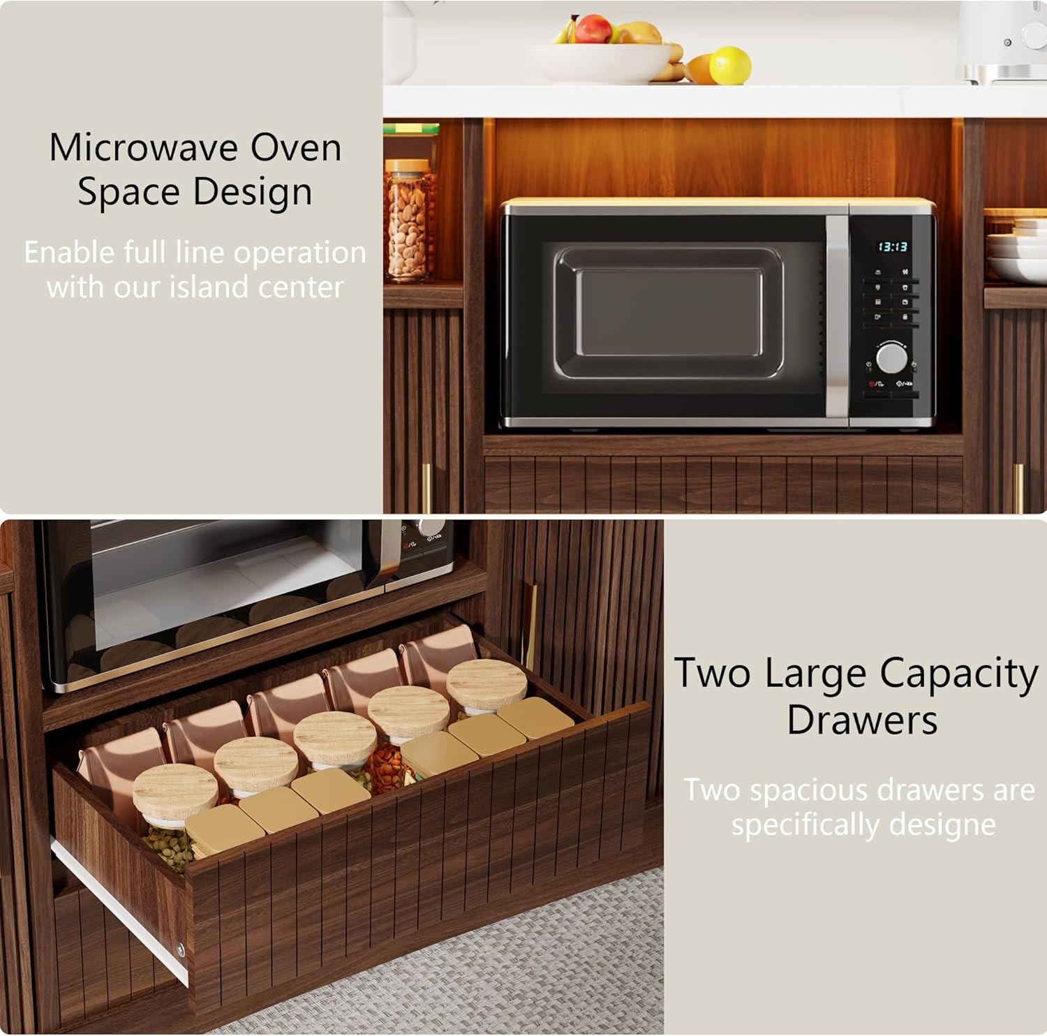Kitchen Island with Storage, Island Table for Kitchen with Power Outlet & LED Light, Rolling Buffet Cabinet with Fluted Sliding Door, 2 Drawers, Large Countertop, Walnut - Image 5