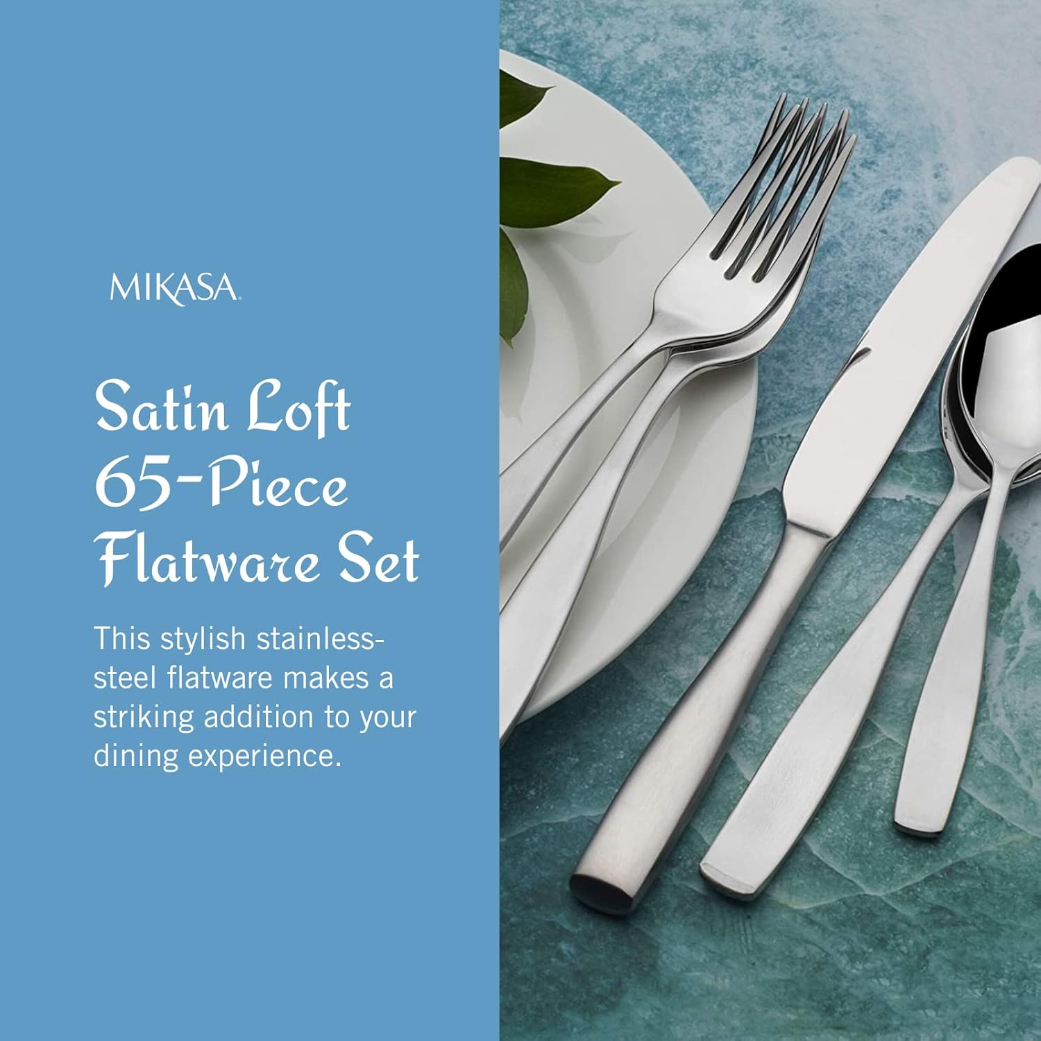 Mikasa Satin Loft 65-Piece Flatware Set for 12, 18/10 Stainless Steel Silverware with Forks, Knives, Spoons, and Serving Utensils, Durable and Elegant Design - Image 2