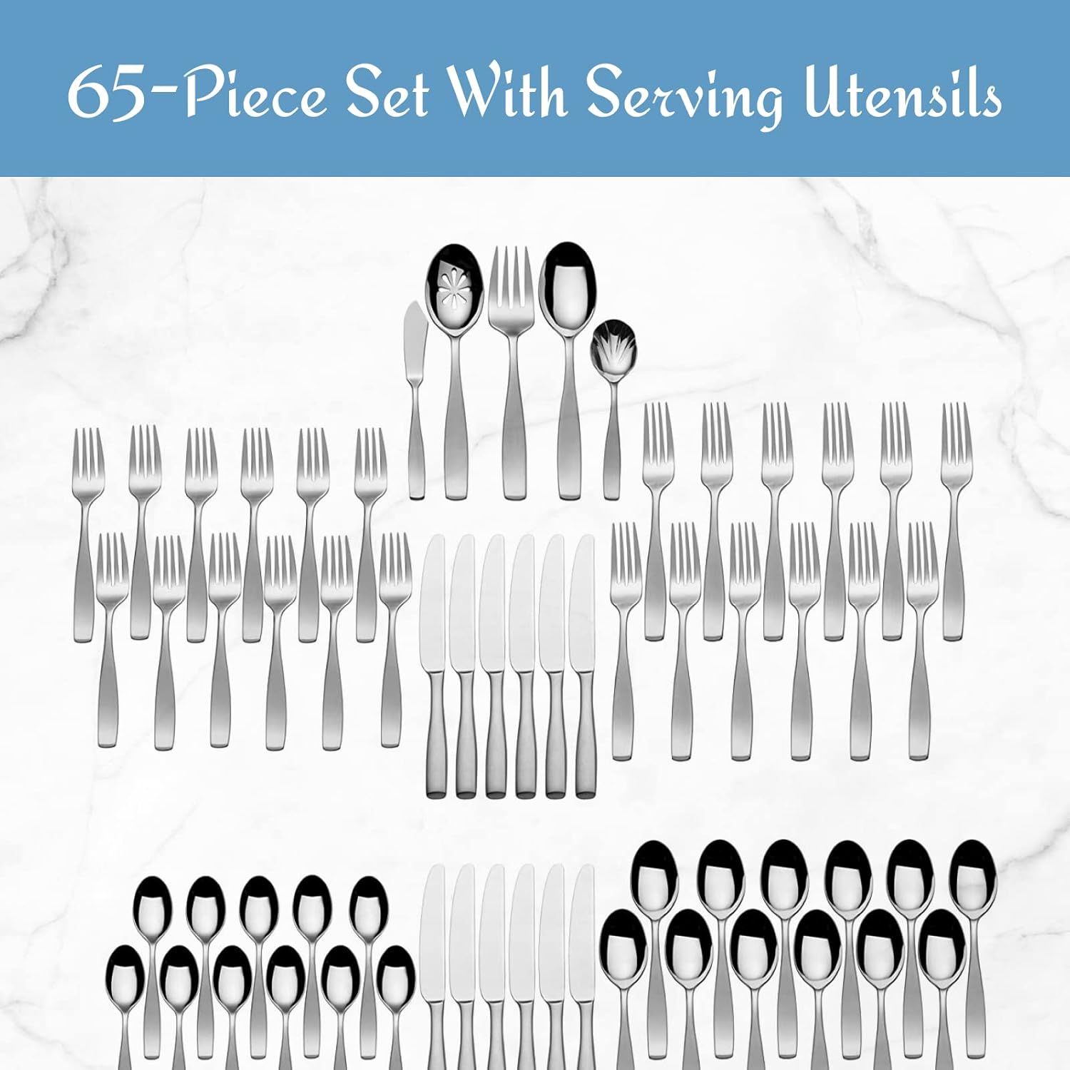 Mikasa Satin Loft 65-Piece Flatware Set for 12, 18/10 Stainless Steel Silverware with Forks, Knives, Spoons, and Serving Utensils, Durable and Elegant Design - Image 5