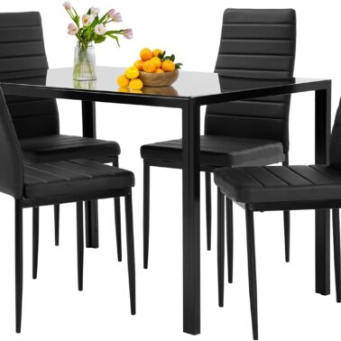 FDW | 5-Piece Dining Table Set | Black | Glass Kitchen Table with 4 Upholstered Chairs and Faux Leather Cushions | Space-Saving and Modern Design | for Dining Room, Easy to Assemble