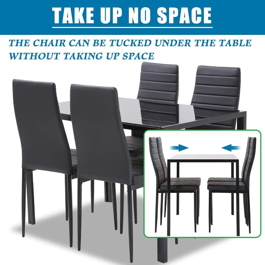 FDW | 5-Piece Dining Table Set | Black | Glass Kitchen Table with 4 Upholstered Chairs and Faux Leather Cushions | Space-Saving and Modern Design | for Dining Room, Easy to Assemble - Image 3