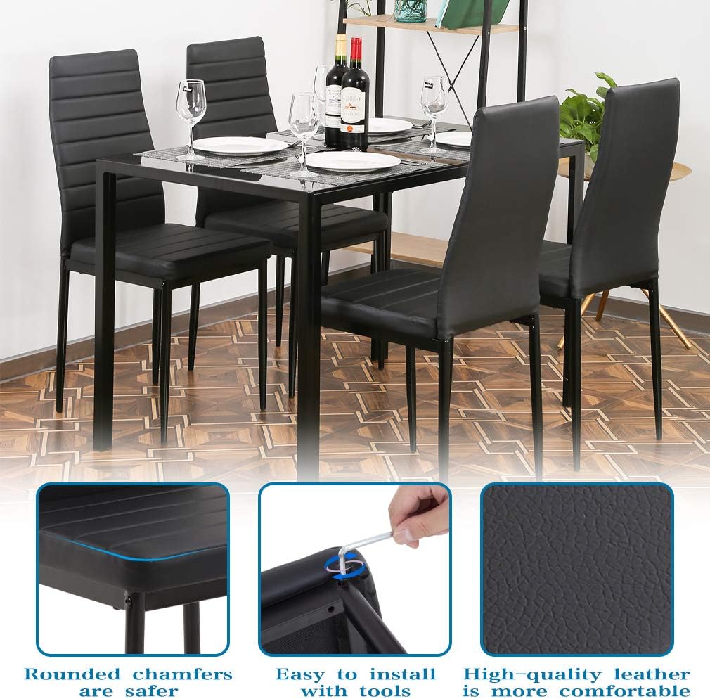 FDW | 5-Piece Dining Table Set | Black | Glass Kitchen Table with 4 Upholstered Chairs and Faux Leather Cushions | Space-Saving and Modern Design | for Dining Room, Easy to Assemble - Image 4