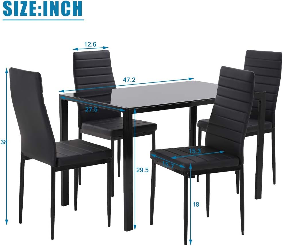 FDW | 5-Piece Dining Table Set | Black | Glass Kitchen Table with 4 Upholstered Chairs and Faux Leather Cushions | Space-Saving and Modern Design | for Dining Room, Easy to Assemble - Image 7