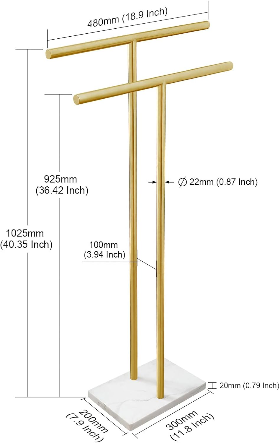 40 Inch Standing Towel Rack for Bathroom Floor Double-T Shape Bath Sheet Holder with Marble Design Base Towel Rack Freestanding Next to Tub or Shower Towel Holder Stand SUS304 Brushed Gold - Image 2