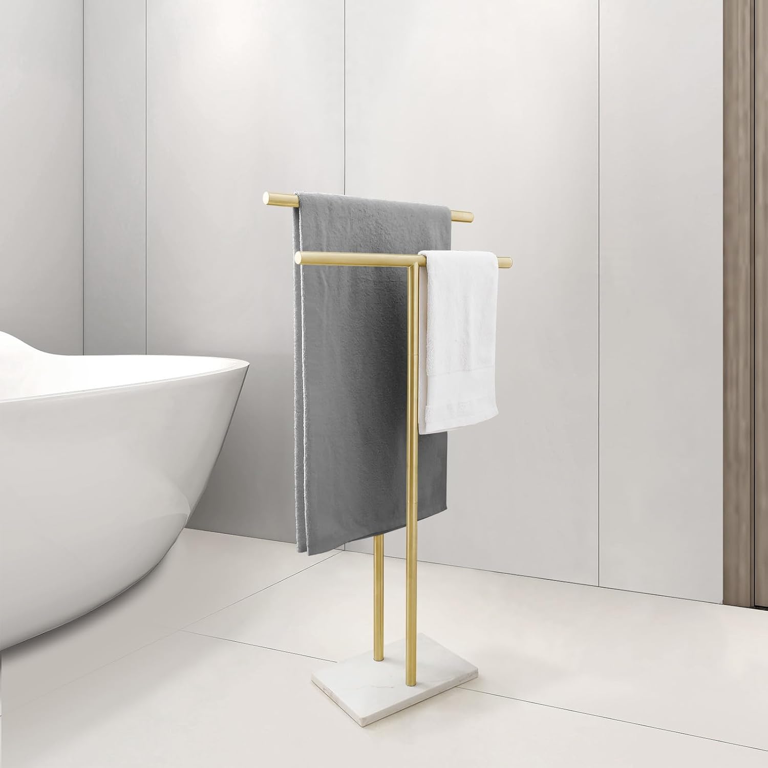 40 Inch Standing Towel Rack for Bathroom Floor Double-T Shape Bath Sheet Holder with Marble Design Base Towel Rack Freestanding Next to Tub or Shower Towel Holder Stand SUS304 Brushed Gold - Image 4