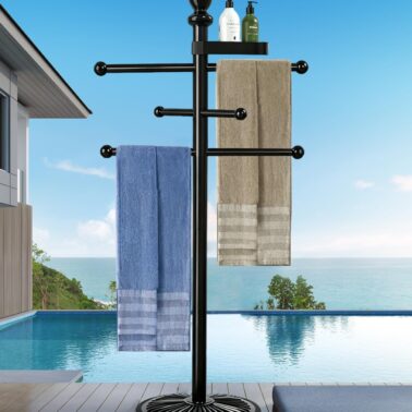 Pool Outdoor Towel Rack, Metal Heavy Duty Never Tilt Pool Accessories with Heavy Metal Base, 6 Bars Hot Tub Accessories Towel Dying Rack Towel Stand for Pool, Spa