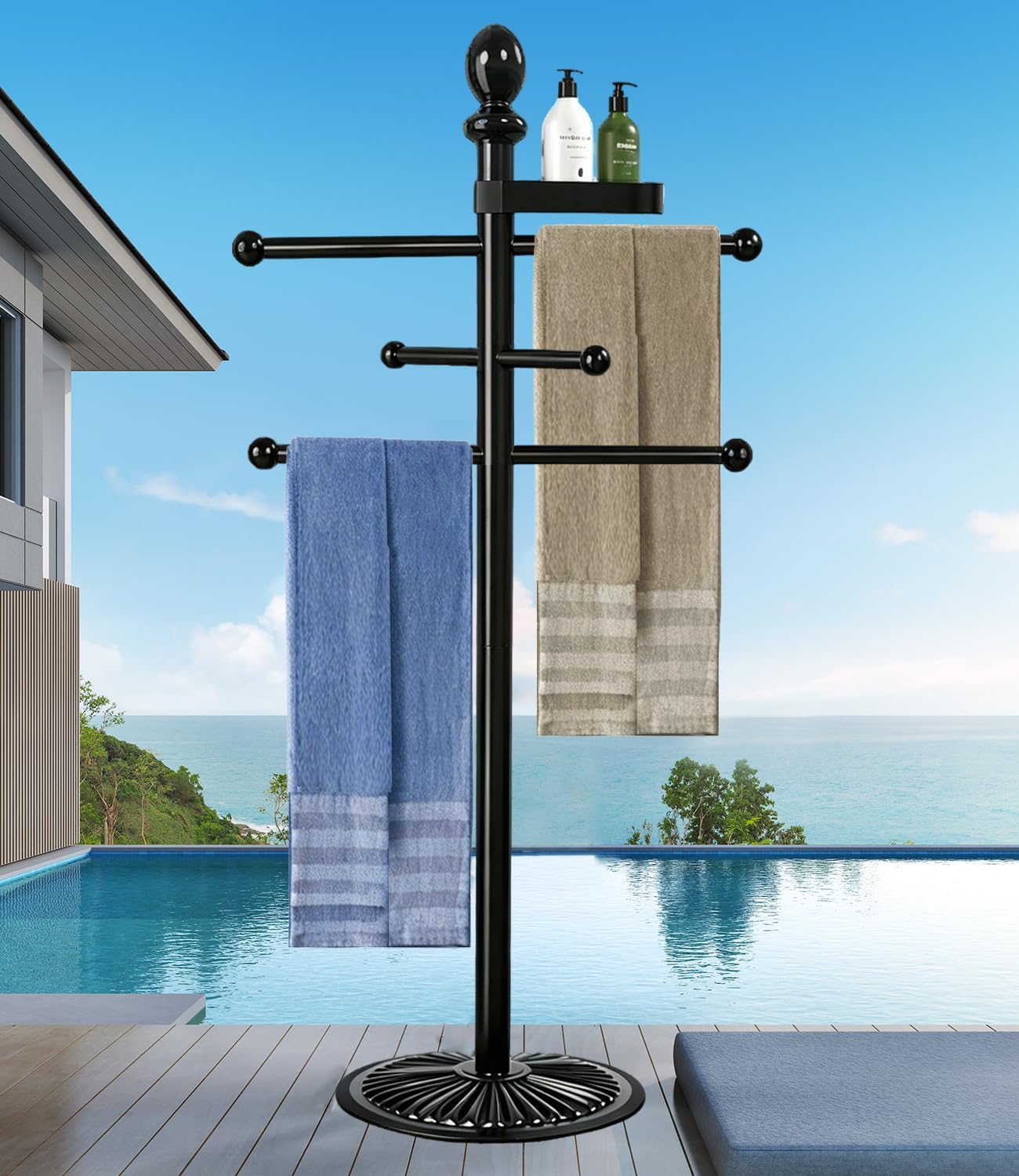 Pool Outdoor Towel Rack, Metal Heavy Duty Never Tilt Pool Accessories with Heavy Metal Base, 6 Bars Hot Tub Accessories Towel Dying Rack Towel Stand for Pool, Spa