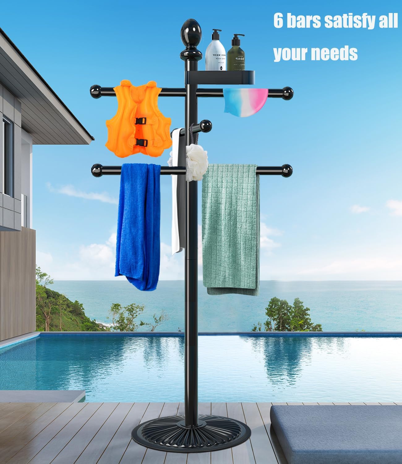 Pool Outdoor Towel Rack, Metal Heavy Duty Never Tilt Pool Accessories with Heavy Metal Base, 6 Bars Hot Tub Accessories Towel Dying Rack Towel Stand for Pool, Spa - Image 2