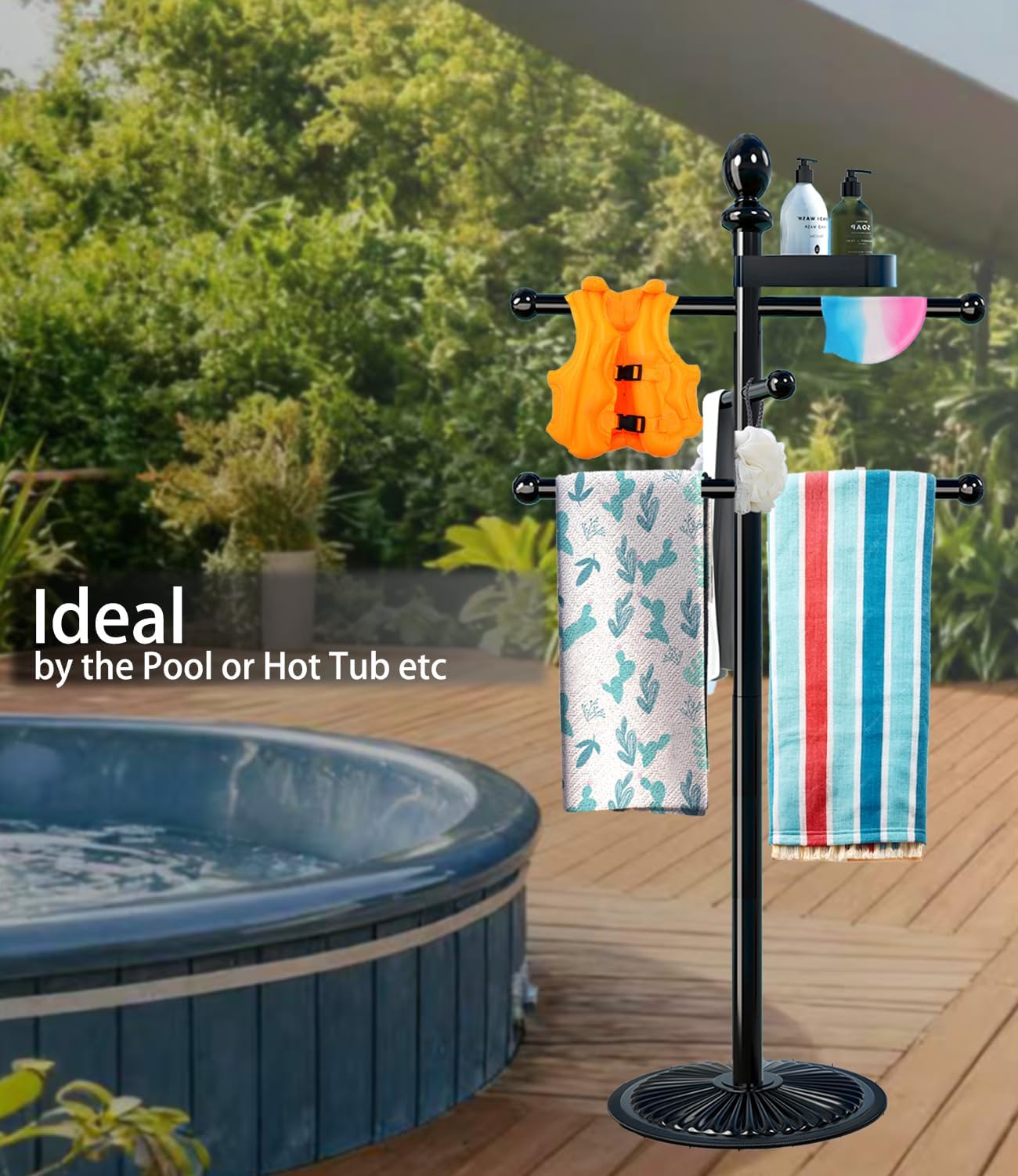 Pool Outdoor Towel Rack, Metal Heavy Duty Never Tilt Pool Accessories with Heavy Metal Base, 6 Bars Hot Tub Accessories Towel Dying Rack Towel Stand for Pool, Spa - Image 4